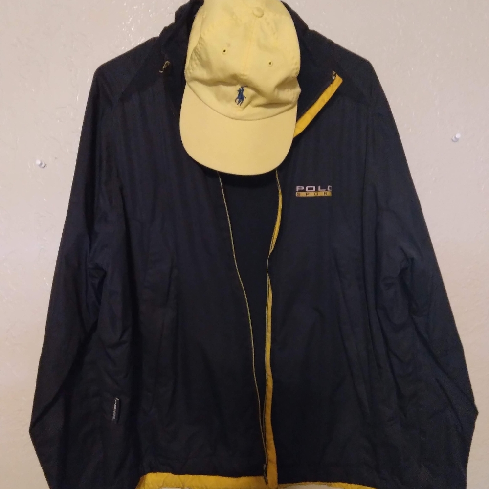 Navy blue pilot jacket with matching hat in yellow